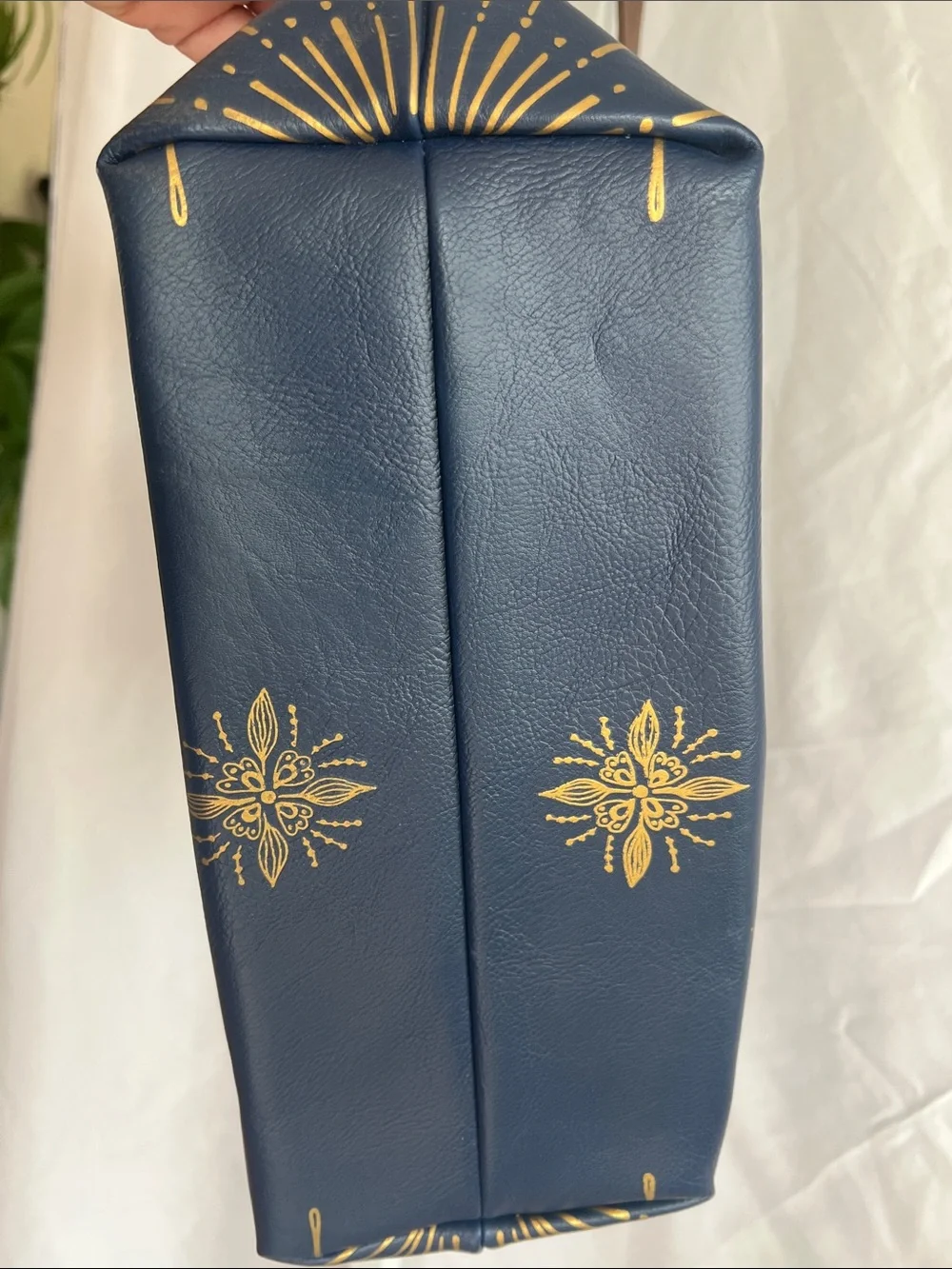 Papaya Navy Tote with Gold Mandala and Brown Straps Pink Satan Lined